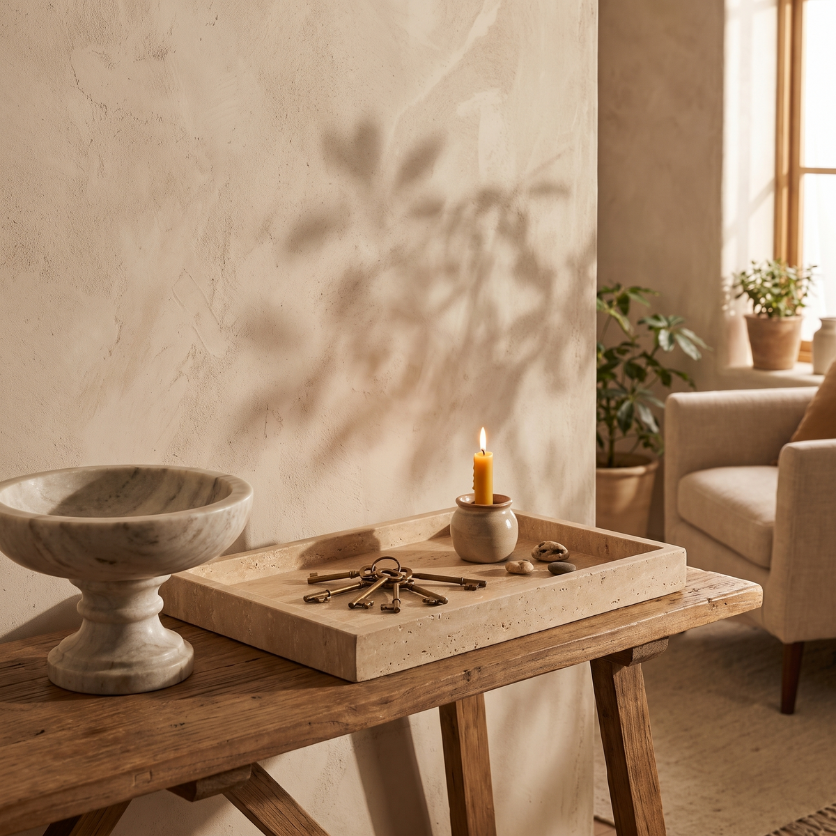 Travertine tray and marble bowl styled on a console
