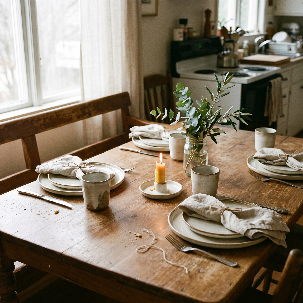 Linen and stoneware styled on a wooden table