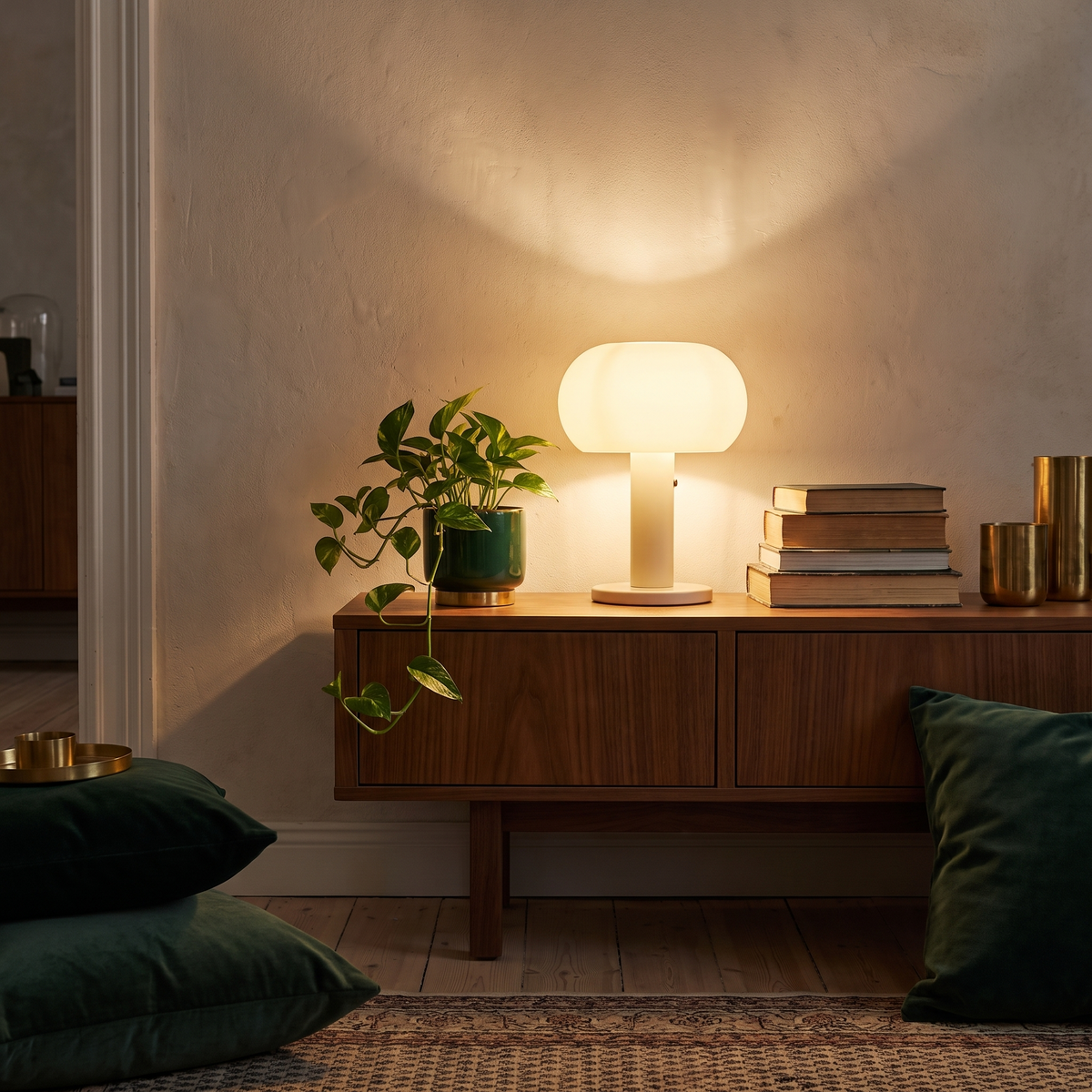 Warm table lamp glowing on a wooden console